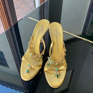Giuseppe Zanotti Gold Lame and Satin Crystal Heels